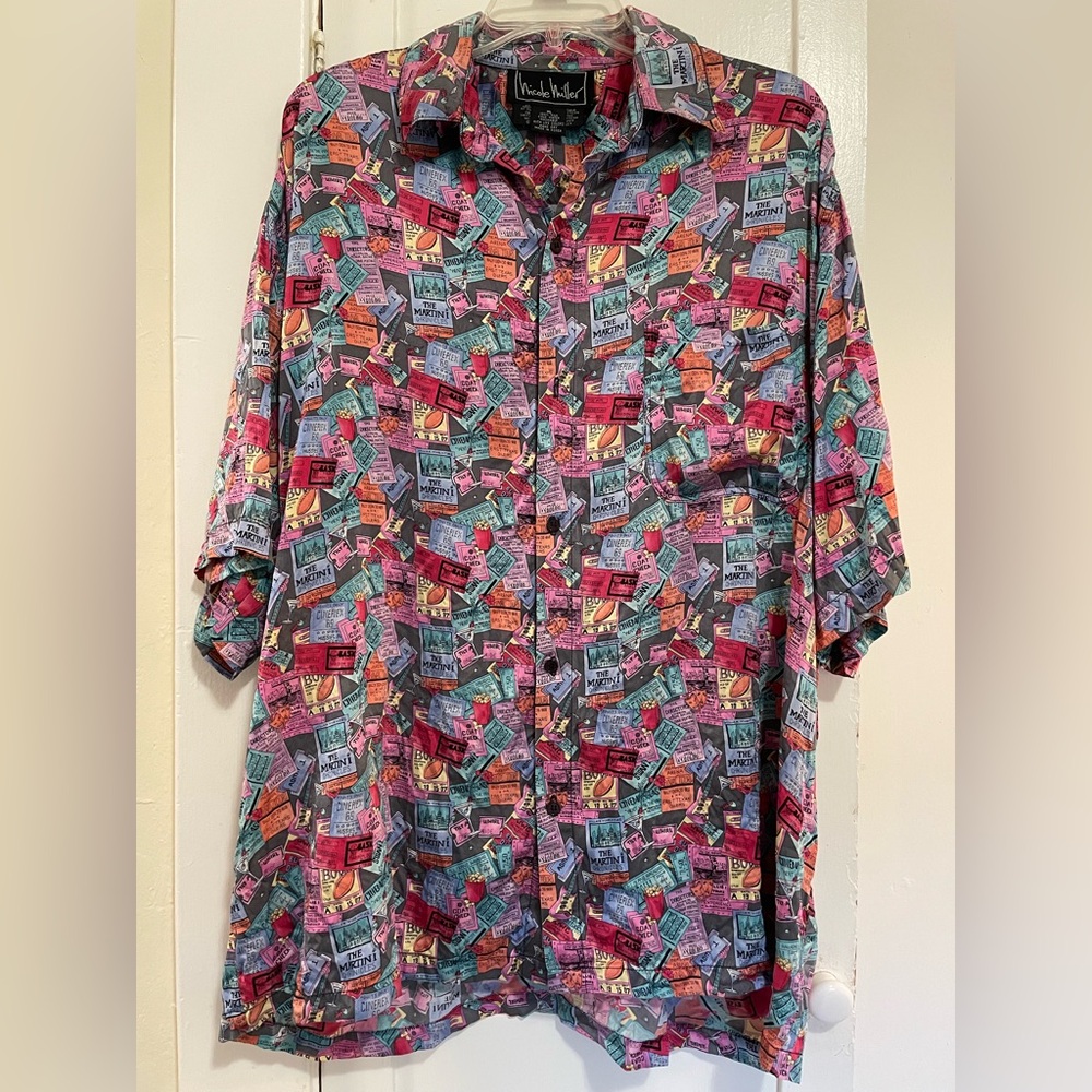 Nicole Miller Martini Colorful Vintage Button-Up silk shirt size xl